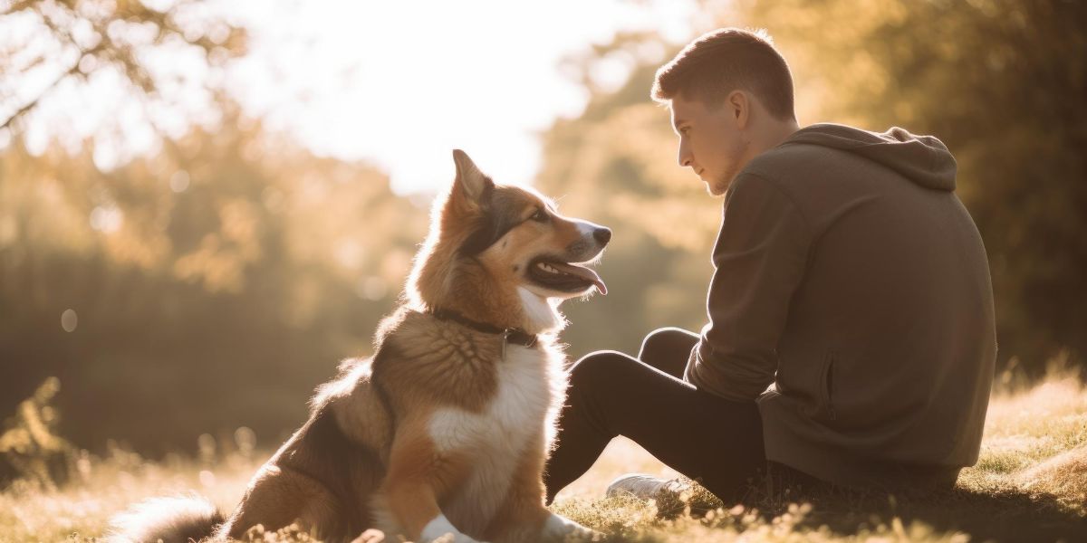 uomo con il suo cane seduti nella natura al tramonto