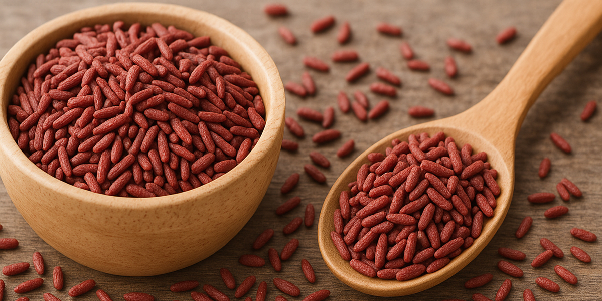 ciotola e cucchiaio di legno pieni di lievito rosso