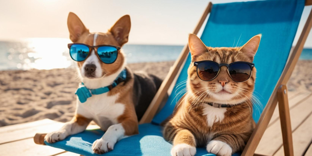 cani e gatti caldo estate su una sdraio sulla spiaggia