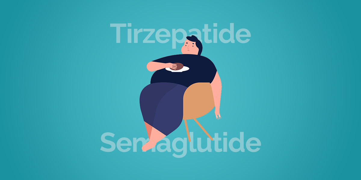 illustrazione di persone in stato di obesità su una poltrona con nome di farmaci sopra e sotto