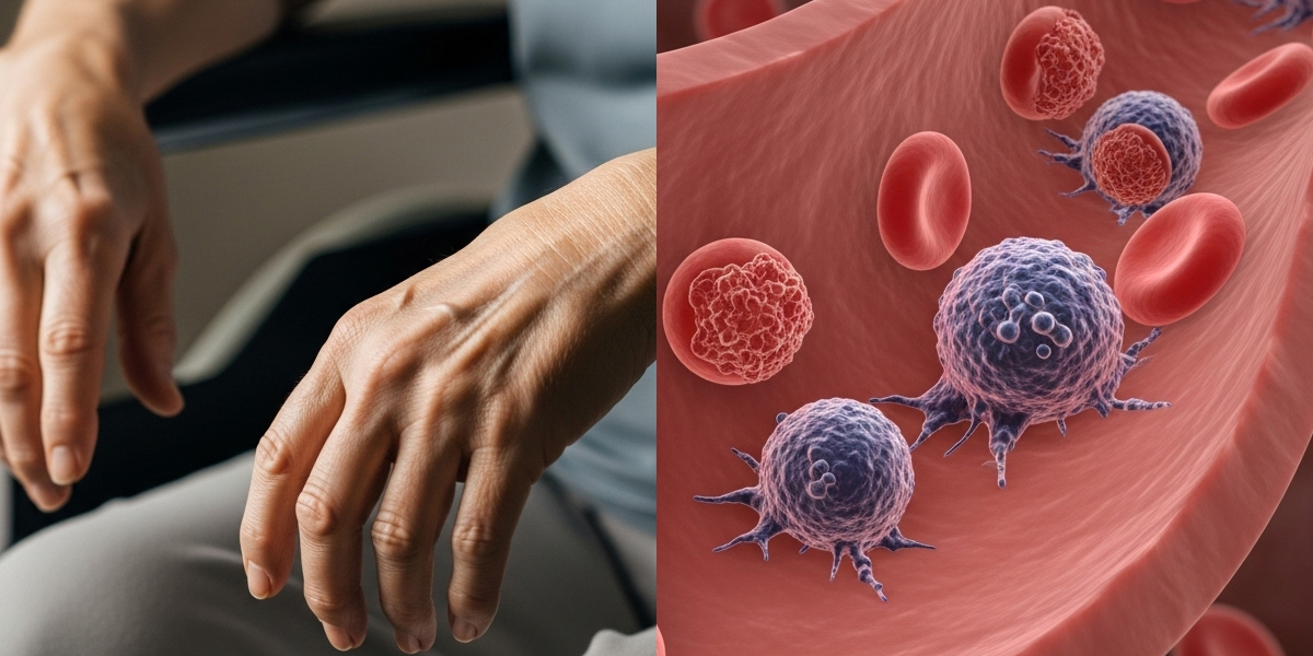 mani che mostrano SLA e cellule tumorali nel sangue